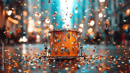 Celebratory drumming performance urban city street photography vibrant environment wide angle artistic expression