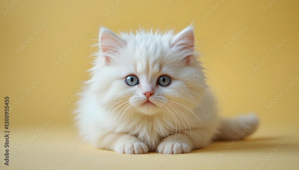 Cute White Fluffy Kitten with Blue Eyes Looking at Camera on Yellow Background Cute White Fluffy Kitten with Blue Eyes Looking at Camera on Yellow Background