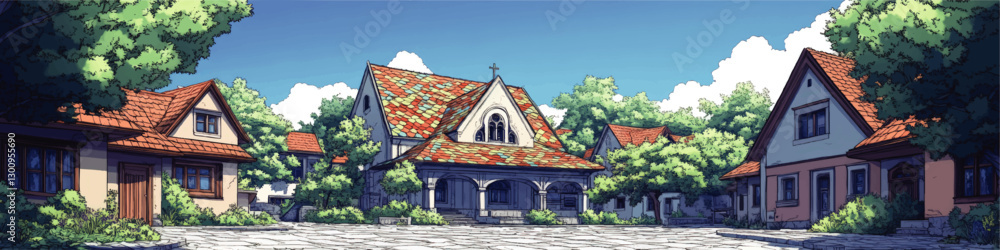 Charming European Village Scene with Quaint Houses and Lush Trees Under Blue Sky | Discover Idyllic Architecture and Scenic Beauty in Tranquil Countryside Setting Charming European Village Scene with Quaint Houses and Lush Trees Under Blue Sky | Discover Idyllic Architecture and Scenic Beauty in Tranquil Countryside Setting