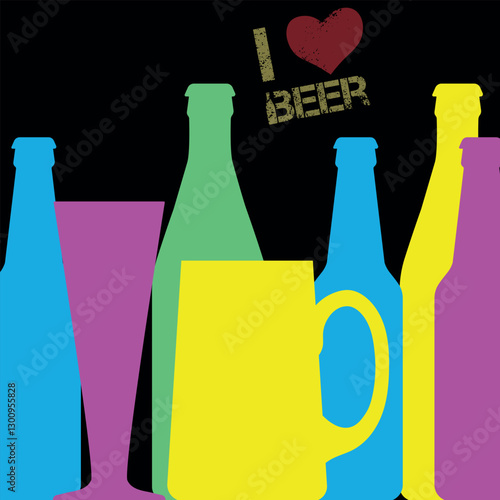 Set of beer bottles, different colors, different shapes, glasses. Vector design menu, pub, bar, inscription I love beer