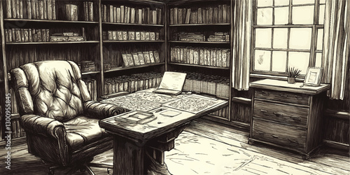 Vintage Library Interior Sketch Vector with Leather Chair, Wooden Desk, Bookshelves, Window View, and Decorative Plants for Classic Design Inspiration
