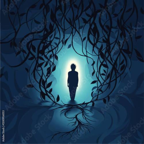 Mystical Silhouette in Nature-Inspired Vector Art with Glowing Blue Background and Entwined Vines – Surreal Botanical and Mystical Themes in Digital Illustration