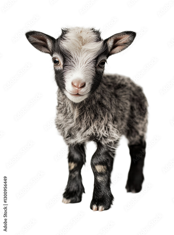 Fototapeta premium Playful baby goat standing on a bright white background with curious expression and fluffy fur, cut out