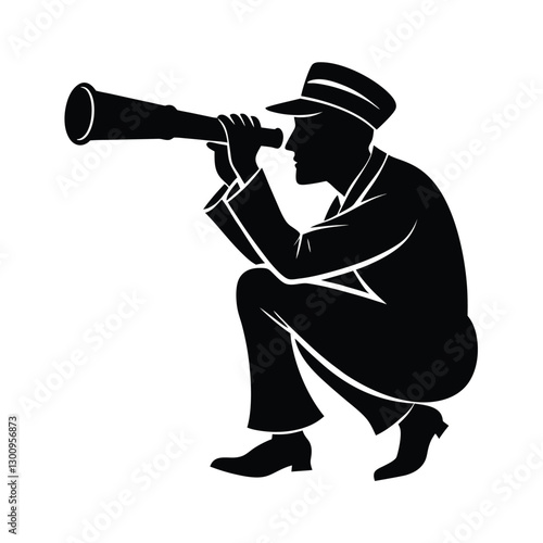 Sailor with telescope silhouette vector illustration.
