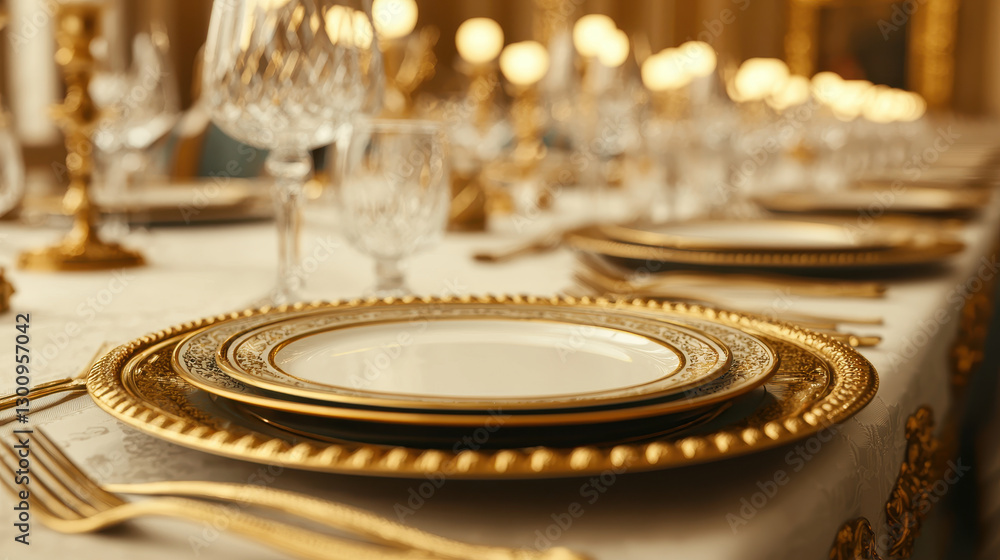 Elegant table setting with gold plates and crystal glassware, perfect for formal dinner. Quality is King Elegant table setting with gold plates and crystal glassware, perfect for formal dinner. Quality is King