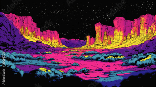 Vibrant Vector Landscape of Psychedelic Desert Canyon with Neon Colors and Starry Night Sky - Surreal Nighttime Scenery with Purple, Pink, Yellow Rock Formations