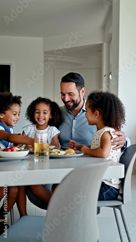vertical video of Happy multiracial family enjoying breakfast together at home