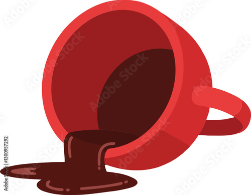 Spilled red coffee cup with rich brown liquid flowing out in a minimalistic design style showcasing vibrant colors in vector art