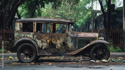 Vintage car wreck on a street, a relic of the past abandoned in time photo