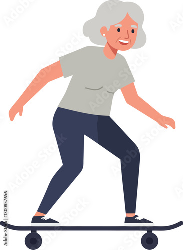 Active older woman joyfully skateboarding on a board with a flat design style showcasing movement and vitality in vibrant vector illustration