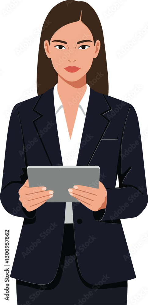 Professional businesswoman in a sleek black suit holding a tablet, minimal flat design vector illustration showcasing confidence and modernity in a corporate setting