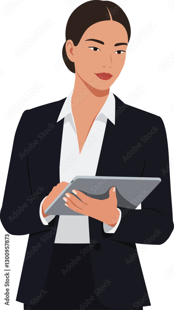 Confident businesswoman in a tailored suit holding a tablet with a focused expression in a flat vector illustration Confident businesswoman in a tailored suit holding a tablet with a focused expression in a flat vector illustration