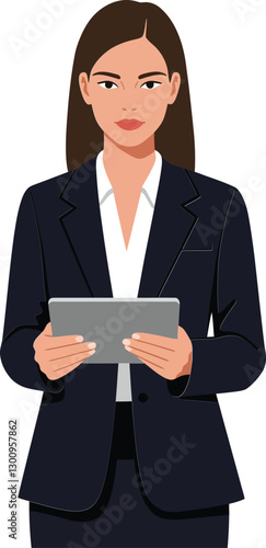 Obraz na płótnie Professional businesswoman in a sleek black suit holding a tablet, minimal flat design vector illustration showcasing confidence and modernity in a corporate setting w salonie