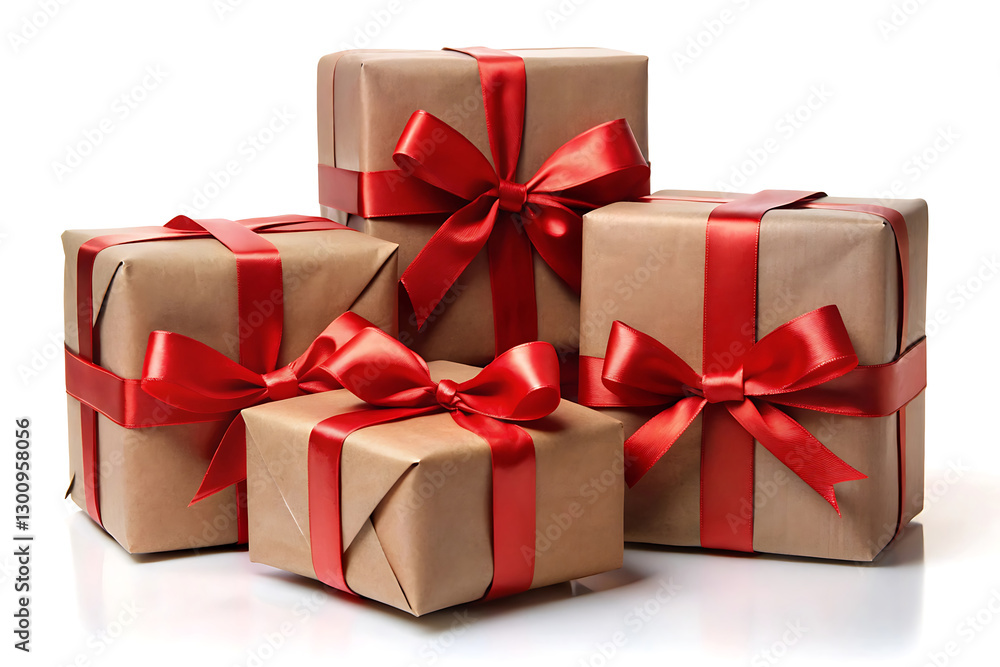 Fototapeta premium Elegant brown wrapped gift boxes stacked with red ribbons for special occasions image isolated on white