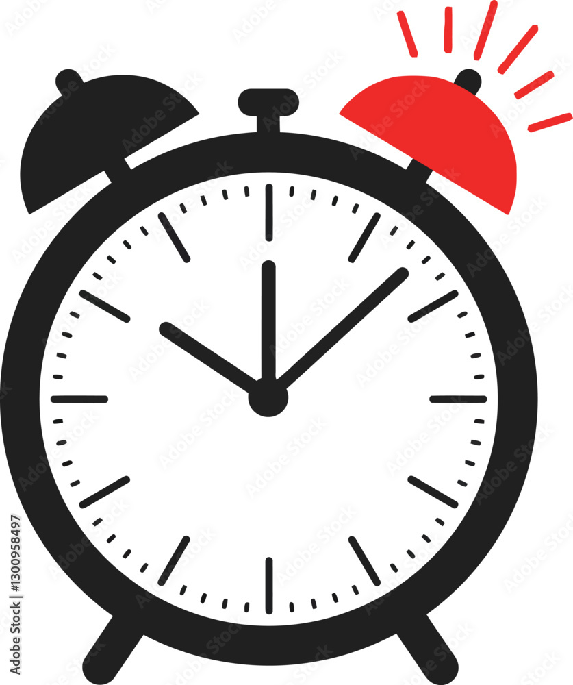 Classic alarm clock in minimal style featuring a vibrant red bell and clear black outline, showcasing the concept of time in vector art Classic alarm clock in minimal style featuring a vibrant red bell and clear black outline, showcasing the concept of time in vector art