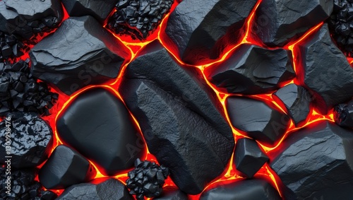 Close-up view of glowing molten lava surrounded by dark volcanic rocks, creating a dramatic contrast of colors and textures