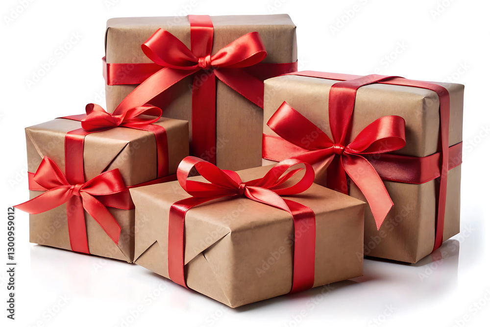 Elegant brown wrapped gift boxes stacked with red ribbons for special occasions image isolated on white background Elegant brown wrapped gift boxes stacked with red ribbons for special occasions image isolated on white background