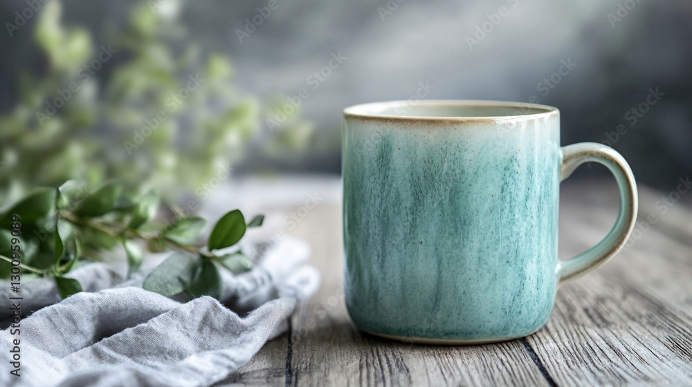 Serene Teal Mug on Rustic Wooden Table with Greenery Serene Teal Mug on Rustic Wooden Table with Greenery