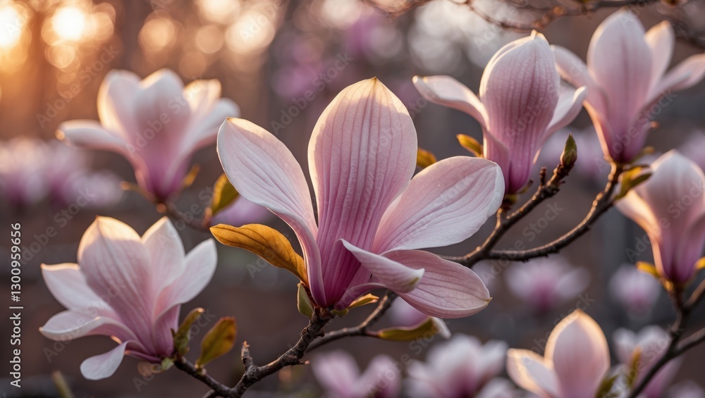 Fototapeta premium Delicate pink magnolia flowers blooming on branches against a warm sunset backdrop in a tranquil garden setting