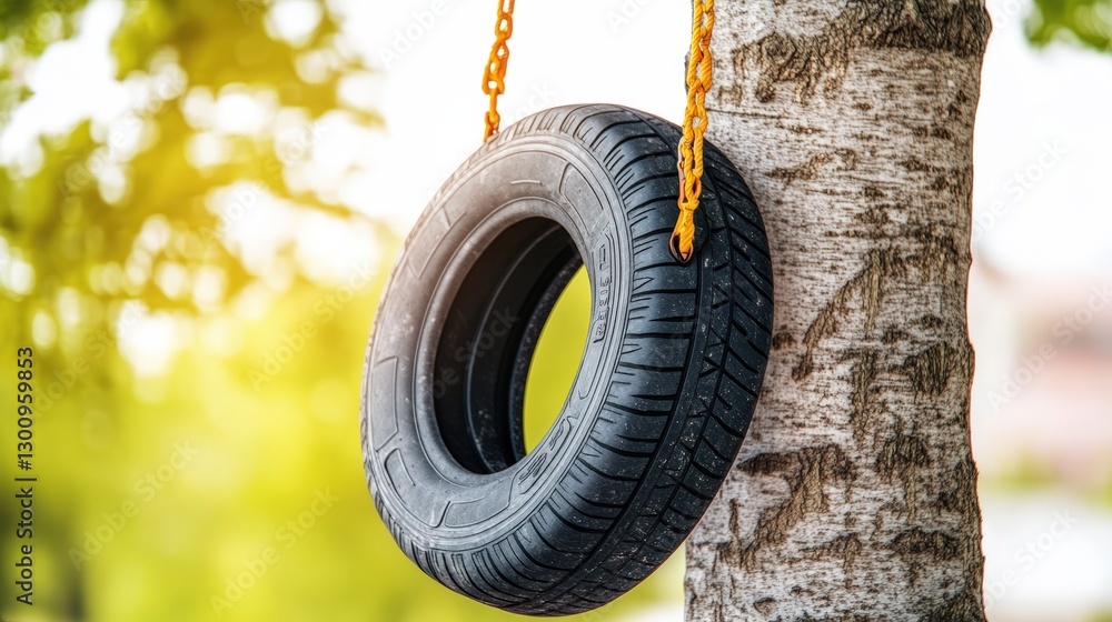 Naklejka premium Playground tire swing hanging from a tree in a park with green grass and clear blue sky