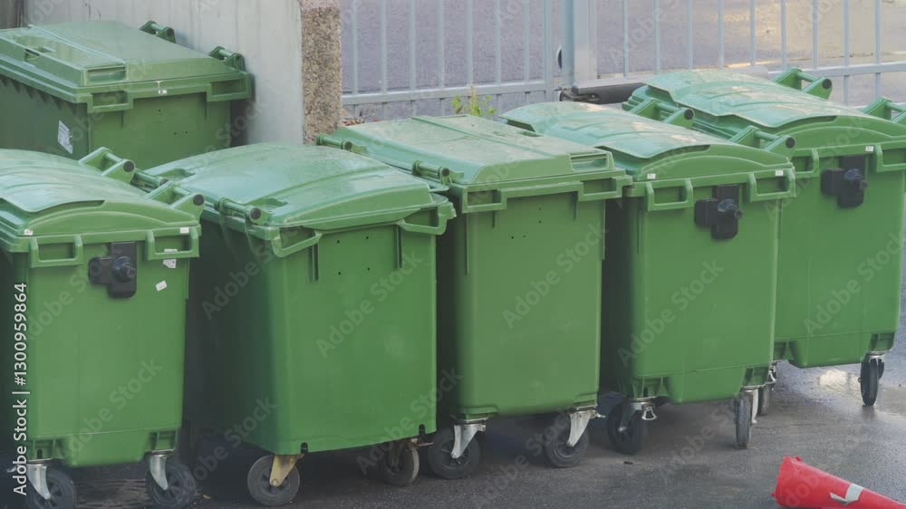 Row of large movable rigid plastic green trash bins used to contain unsorted municipal solid waste. Green bins on cloudy rainy day. Row of large movable rigid plastic green trash bins used to contain unsorted municipal solid waste. Green bins on cloudy rainy day.