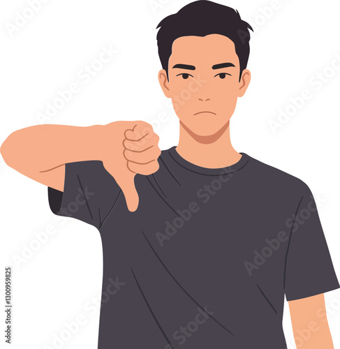 Young man expressing disapproval with a thumbs down gesture in a minimal vector illustration style showcasing a neutral emotional tone and simple color palette in vector art