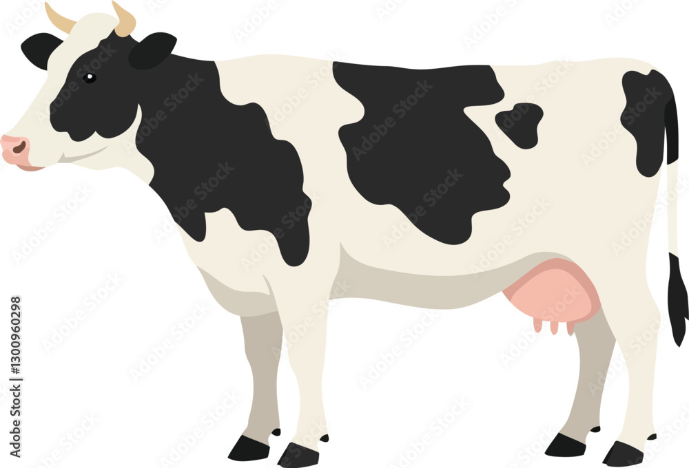 Black and white Holstein cow standing in a flat design style showcasing its distinctive markings in vector art