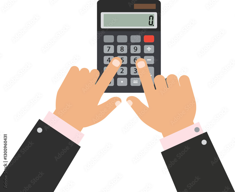 Hands in a suit using a calculator to perform calculations in a minimal flat design vector illustration Hands in a suit using a calculator to perform calculations in a minimal flat design vector illustration