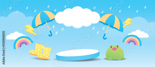 cute 3d illustration vector display podium with kawaii style graphic elements in rainy theme for putting object or product