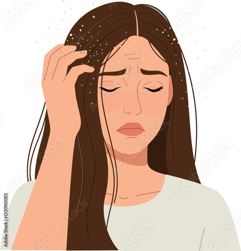 A woman with long brown hair expressing concern and stress in flat design style vector illustration