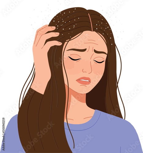 A distressed young woman with long brown hair, expressing sadness with a hand on her head in a flat vector illustration