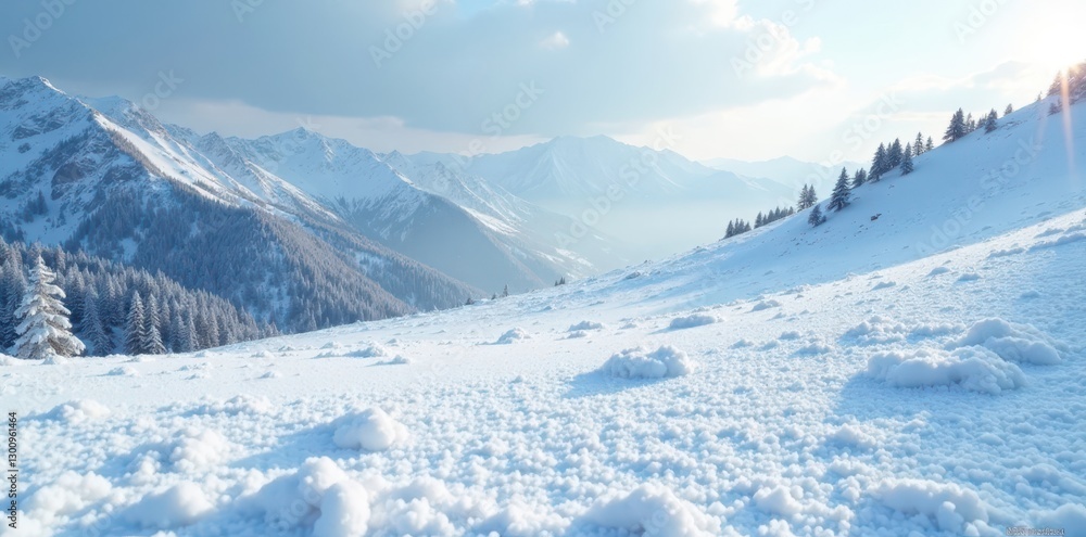 Powdery snow blankets gentle slope, small patches remain , cold weather, picture, untouched Powdery snow blankets gentle slope, small patches remain , cold weather, picture, untouched