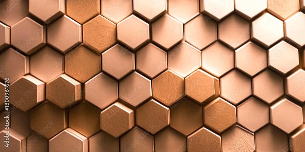 Hexagon Honeycomb Abstract: A close-up view of a repeating pattern of textured, three-dimensional hexagons in shades of bronze and gold, creating a visually engaging and modern abstract composition. Hexagon Honeycomb Abstract: A close-up view of a repeating pattern of textured, three-dimensional hexagons in shades of bronze and gold, creating a visually engaging and modern abstract composition.