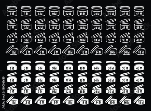 Period after opening vector icon set. White different PAO symbols on black background