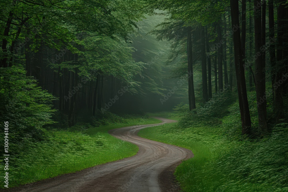 Fototapeta premium Misty Green Forest Path: Winding Dirt Road Through Lush Woodland