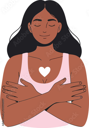 A woman embracing herself with a soft smile, showcasing self-love in a minimal flat design vector illustration