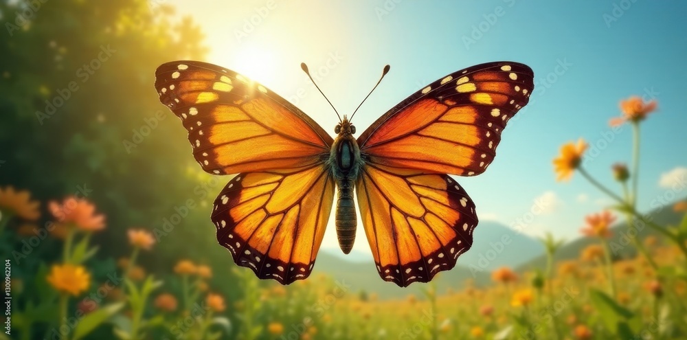 Fototapeta premium Rustic cross, butterfly wings spread, gentle sunlight , transformation, wood