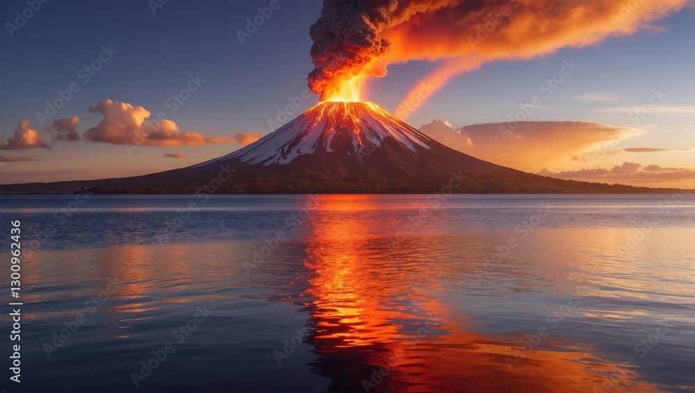 Fototapeta premium Majestic volcano erupting at sunset, with lava flowing and a vibrant rainbow across the sky reflecting on tranquil waters