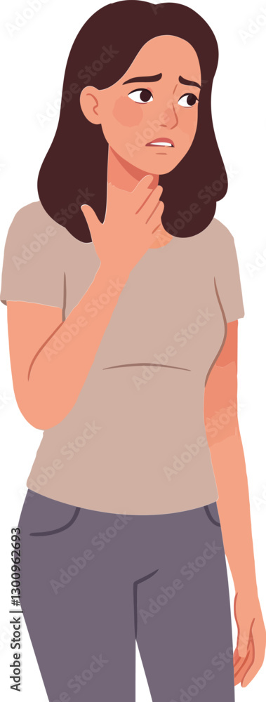 Concerned woman with hand on neck looking uneasy in a minimal style vector illustration Concerned woman with hand on neck looking uneasy in a minimal style vector illustration