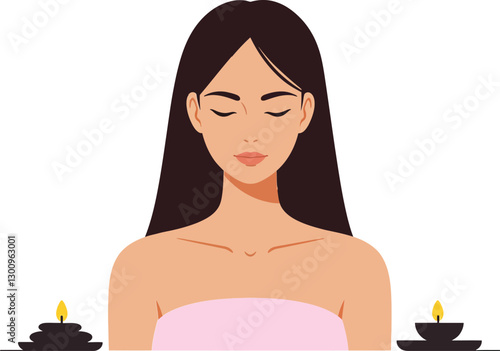 Serene woman with closed eyes in a calming spa setting surrounded by candles, minimalistic design style, vector illustration