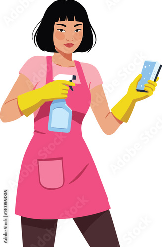 A woman in a pink apron holding a spray bottle and squeegee showcasing detailed flat vector illustration of cleaning activities with a cheerful expression