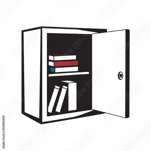 Illustrated bookshelf with books and open door