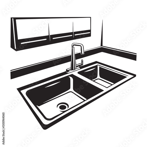 Stylized kitchen sink with faucet on minimalist countertop