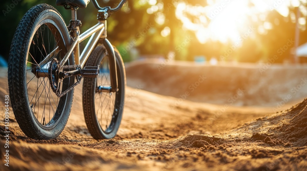Fototapeta premium A BMX bicycle rests on a dirt track in bright sunlight