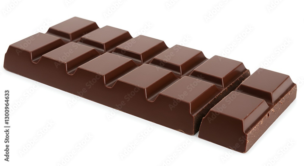 A whole bar of dark chocolate with a smooth texture, broken into square pieces, isolated A whole bar of dark chocolate with a smooth texture, broken into square pieces, isolated