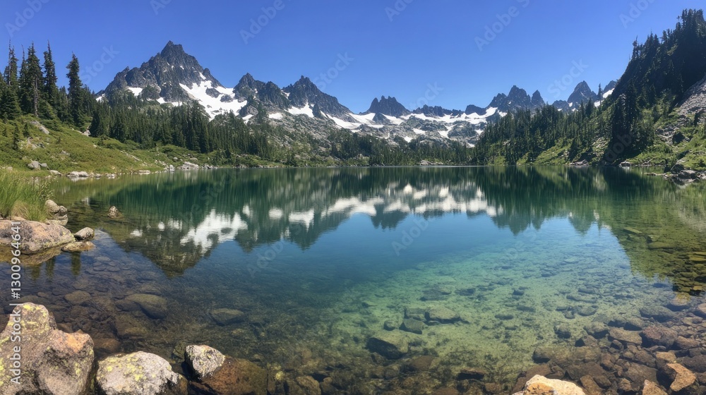 Fototapeta premium Majestic Mountain Lake Reflection: A Serene Escape in Nature