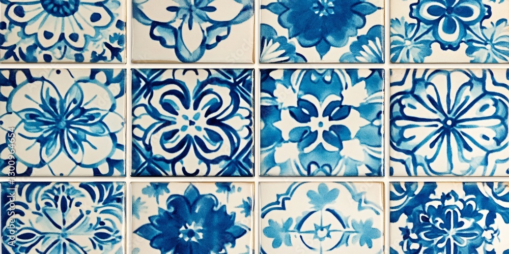 Decorative Tile Delight: A close-up view showcases a captivating arrangement of intricately patterned blue and white tiles, offering a harmonious blend of art and craftsmanship. Decorative Tile Delight: A close-up view showcases a captivating arrangement of intricately patterned blue and white tiles, offering a harmonious blend of art and craftsmanship.