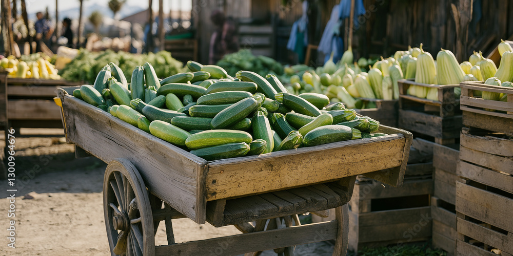 Fototapeta premium Fresh zucchini on wooden cart at outdoor market