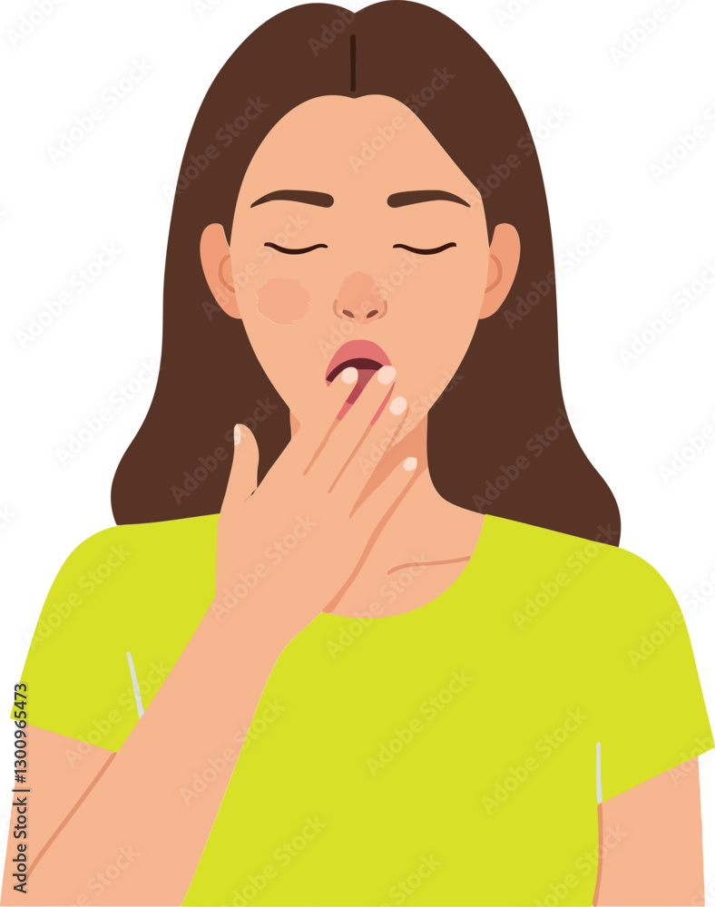 A woman yawning while wearing a bright yellow shirt in a flat style vector illustration capturing a moment of fatigue and relaxation A woman yawning while wearing a bright yellow shirt in a flat style vector illustration capturing a moment of fatigue and relaxation