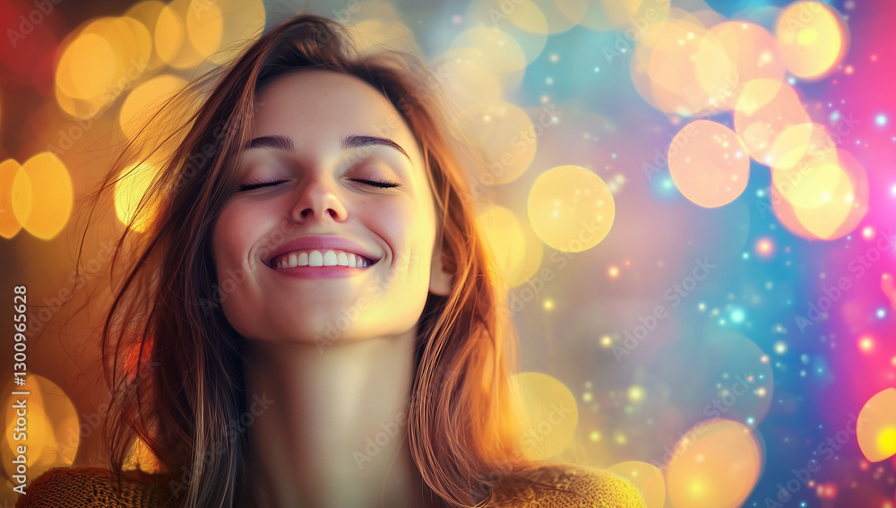 Radiant Woman Smiling with Eyes Closed, Expressing Joy and Happiness Amidst Vibrant Abstract Bokeh Lights Radiant Woman Smiling with Eyes Closed, Expressing Joy and Happiness Amidst Vibrant Abstract Bokeh Lights